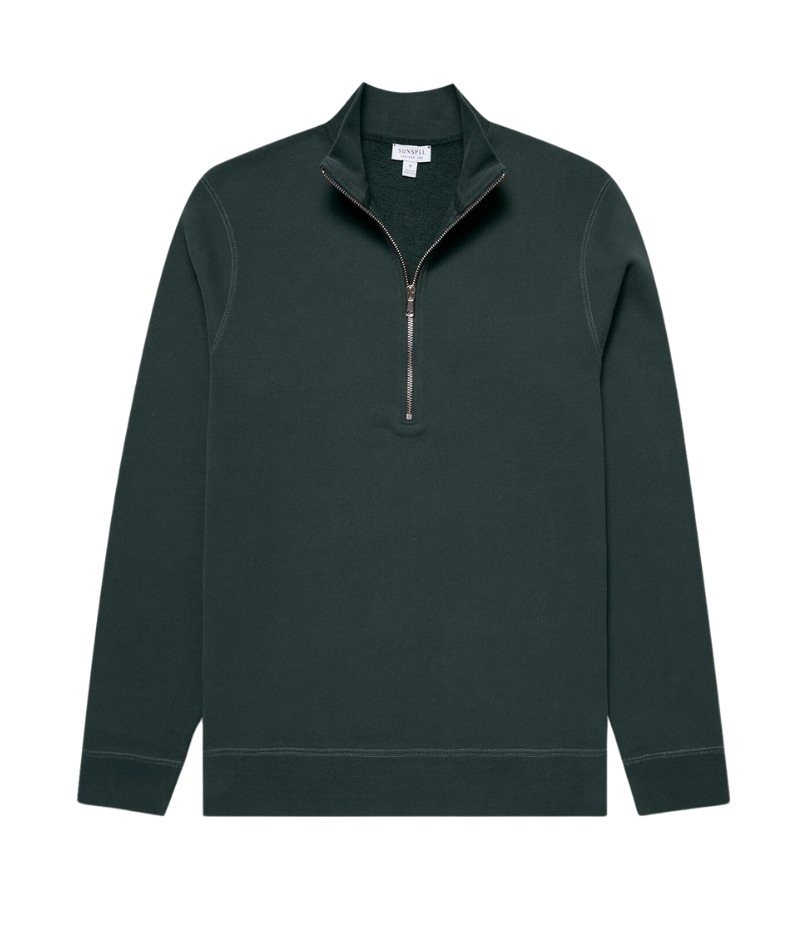 Holly green Sunspel Loopback Half-Zip Sweatshirt with a relaxed fit, crafted from soft loopback fabric featuring a sleek zip detail and insulating warmth.