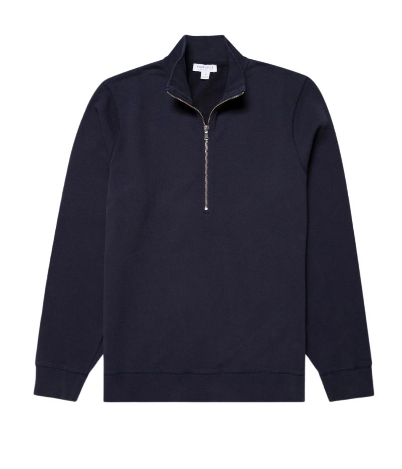 Navy Sunspel Loopback Half-Zip Sweatshirt with a relaxed fit, crafted from soft loopback fabric with insulating warmth and a sleek zip detail.