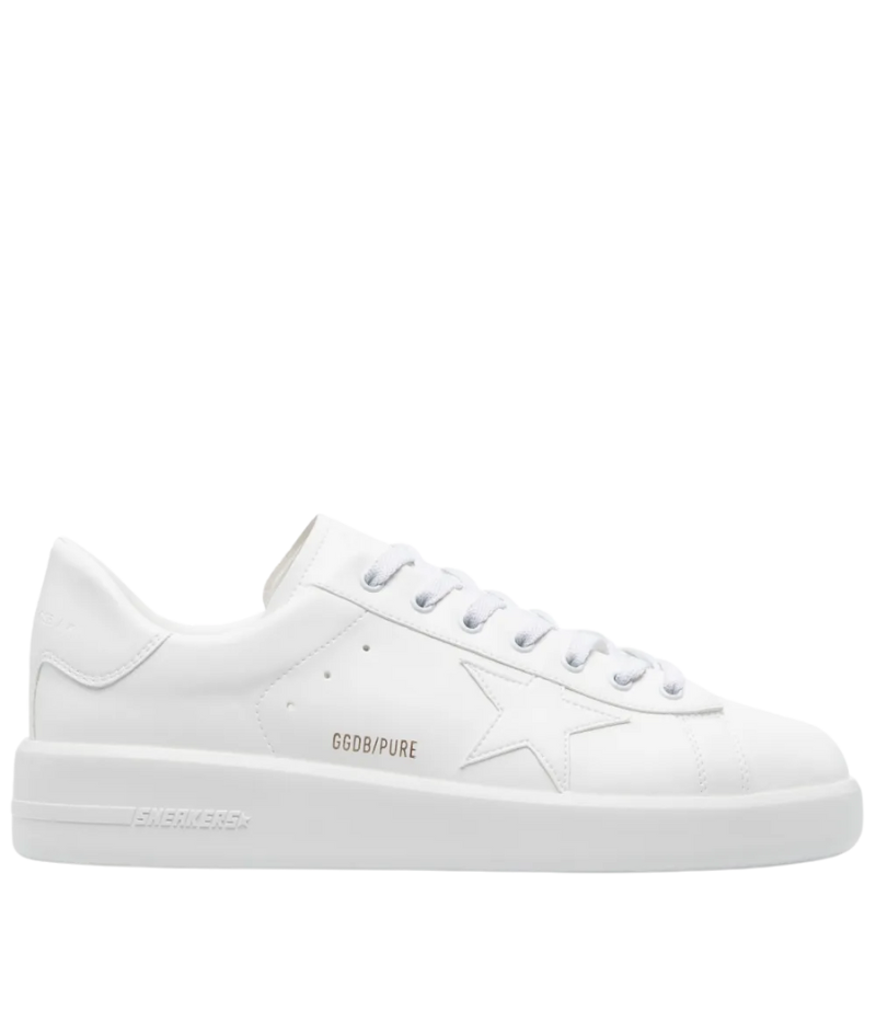 Golden Goose Purestar sneakers in white faux leather, featuring a signature star patch, gold foil logo, and a cushioned rubber sole. Handcrafted in Italy for a sleek, minimalist look.