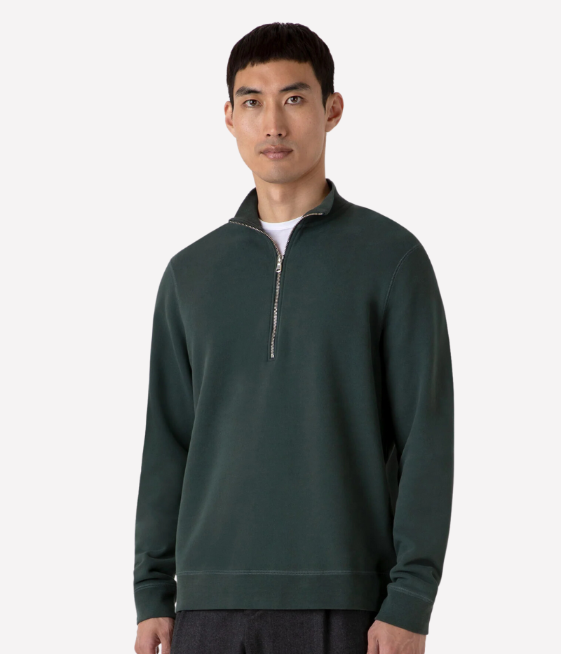 Holly green Sunspel Loopback Half-Zip Sweatshirt with a relaxed fit, crafted from soft loopback fabric featuring a sleek zip detail and insulating warmth.