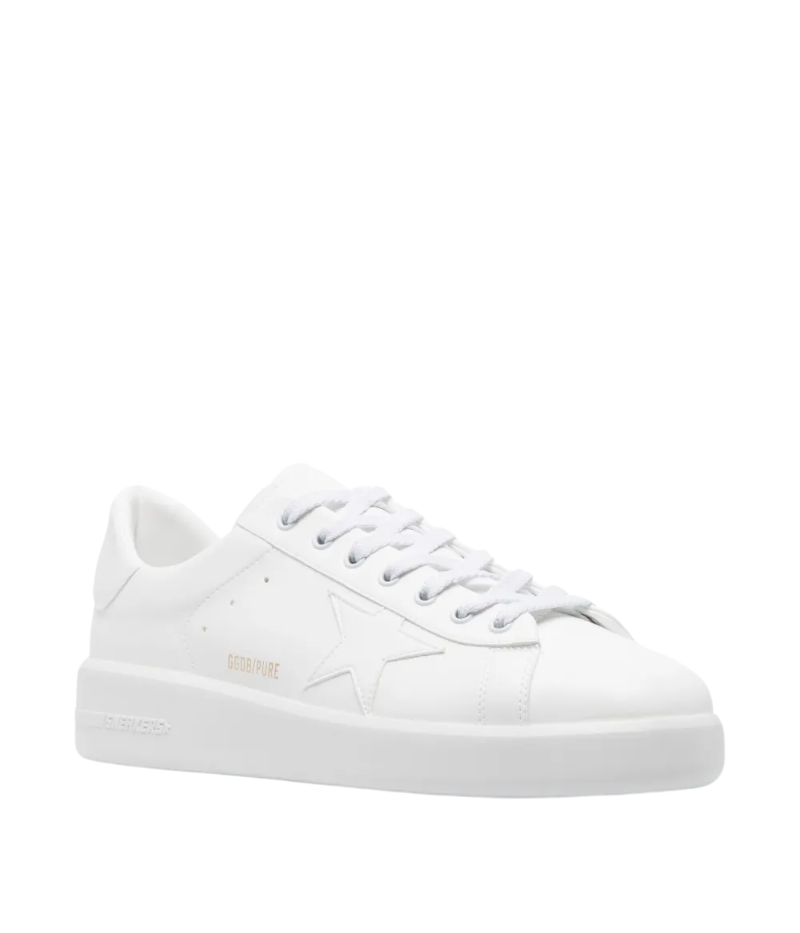 Golden Goose Purestar sneakers in white faux leather, featuring a signature star patch, gold foil logo, and a cushioned rubber sole. Handcrafted in Italy for a sleek, minimalist look.