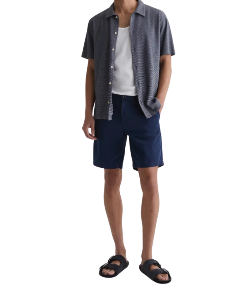 AG Wanderer Shorts styled with a short-sleeve shirt and sandals, showcasing a relaxed yet polished outfit for versatile, warm-weather wear.