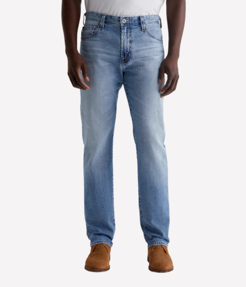 Everett slim-straight jean in stretch-blend 11 oz. Lead Denim from Japan, featuring a mid-rise waist and a straight fit that tapers slightly at the leg openings. Designed with a five-pocket style and detailed measurements: 10 1/4" front rise, 16 1/2" knee opening, 15" bottom opening, and 34" inseam.