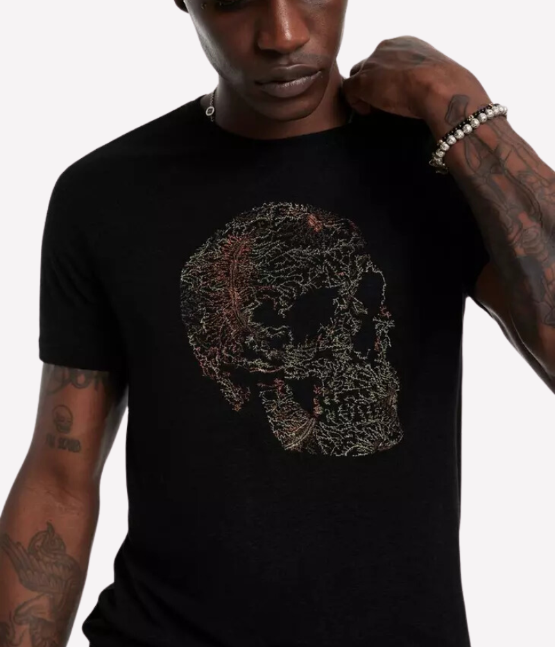 Embroidered Skull Tee in Black