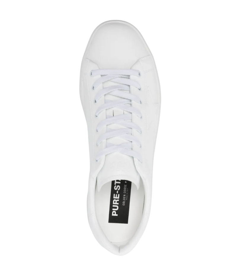 Golden Goose Purestar sneakers in white faux leather, featuring a signature star patch, gold foil logo, and a cushioned rubber sole. Handcrafted in Italy for a sleek, minimalist look.