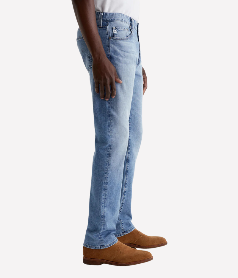 Everett slim-straight jean in stretch-blend 11 oz. Lead Denim from Japan, featuring a mid-rise waist and a straight fit that tapers slightly at the leg openings. Designed with a five-pocket style and detailed measurements: 10 1/4" front rise, 16 1/2" knee opening, 15" bottom opening, and 34" inseam.