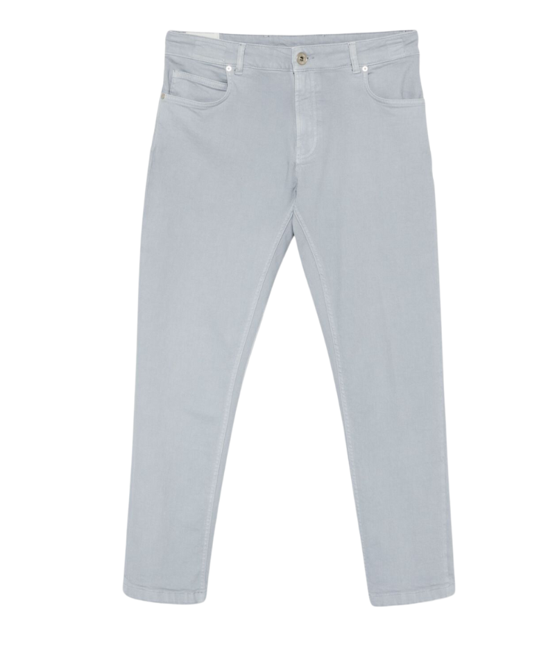 Eleventy light blue 5-pocket denim pants with a slim fit, featuring belt loops, classic five-pocket design, and front button and zip fastening.