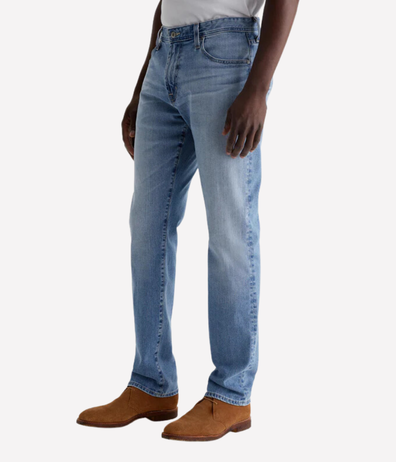 Everett slim-straight jean in stretch-blend 11 oz. Lead Denim from Japan, featuring a mid-rise waist and a straight fit that tapers slightly at the leg openings. Designed with a five-pocket style and detailed measurements: 10 1/4" front rise, 16 1/2" knee opening, 15" bottom opening, and 34" inseam.