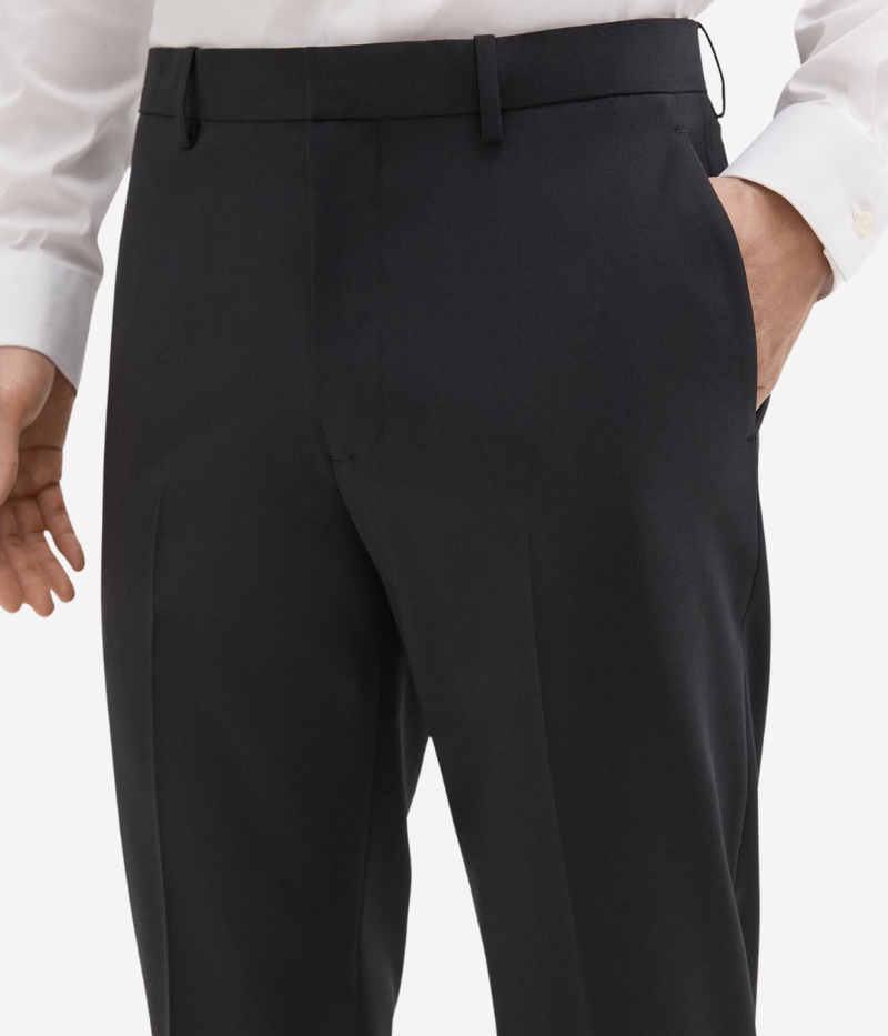 Mayer Trouser by Theory, crafted from medium-weight Italian virgin wool and Lycra Spandex. Features straight slim leg with subtle pressed creases, side slip pockets, back welt pockets, and hook-and-zip closure. Wrinkle-resistant and moisture-controlling fabric for all-day polish