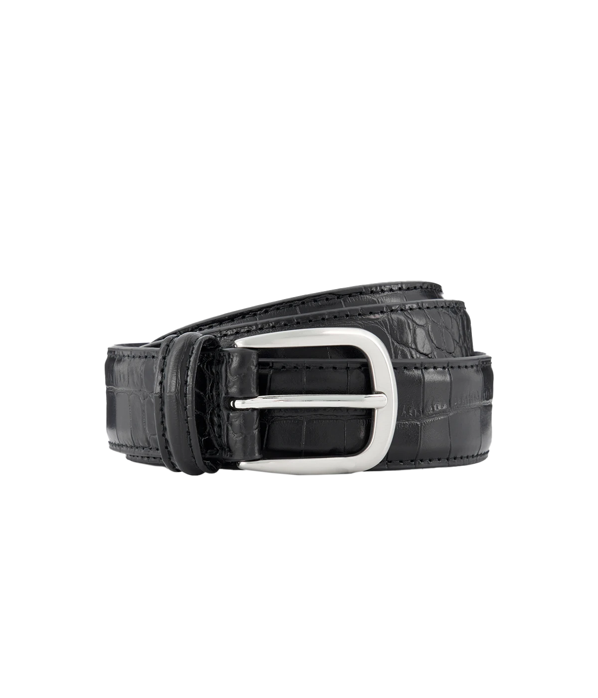 Black alligator print leather belt with silver-tone buckle, offering a textured, bold look for any outfit.