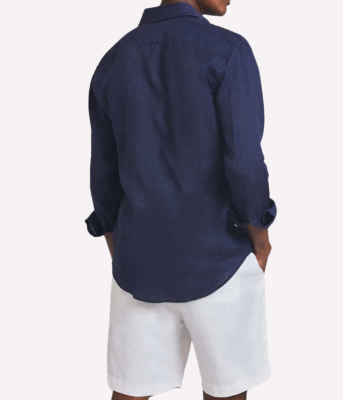 Back view of the Antonio Long Sleeve Linen Shirt by Frescobol Carioca, highlighting the lightweight, breathable fine Italian linen fabric. This classic men's linen shirt combines relaxed tailoring and timeless sophistication, ideal for polished, effortless dressing.