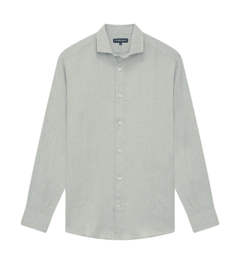 Ghost shot of the Antonio Long Sleeve Linen Shirt by Frescobol Carioca, floating to emphasize its structured dress collar with stiffeners, imitation mother of pearl buttons, and full placket. The lightweight Italian linen construction ensures breathable comfort and elevated style for versatile occasion dressing.