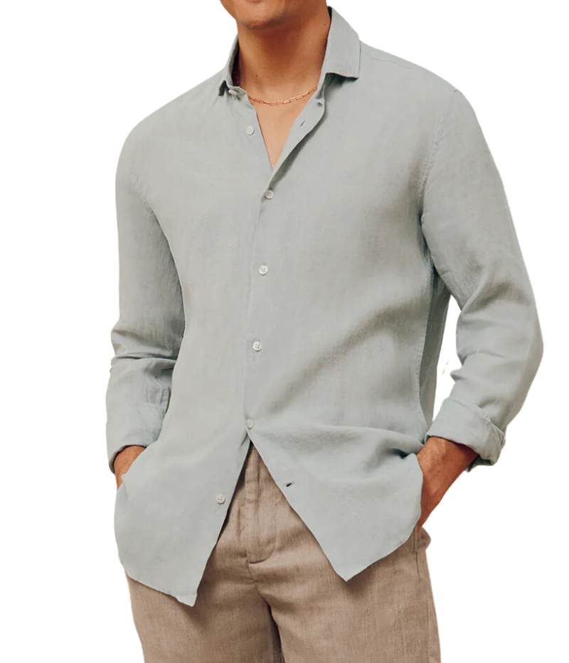 Front view of the Antonio Long Sleeve Linen Shirt by Frescobol Carioca, crafted from 100% fine Italian linen. This luxury men's dress shirt features a structured dress collar with stiffeners, imitation mother of pearl buttons, and a full placket. Designed in a regular fit, it blends relaxed tailoring with refined style for effortless occasion dressing.