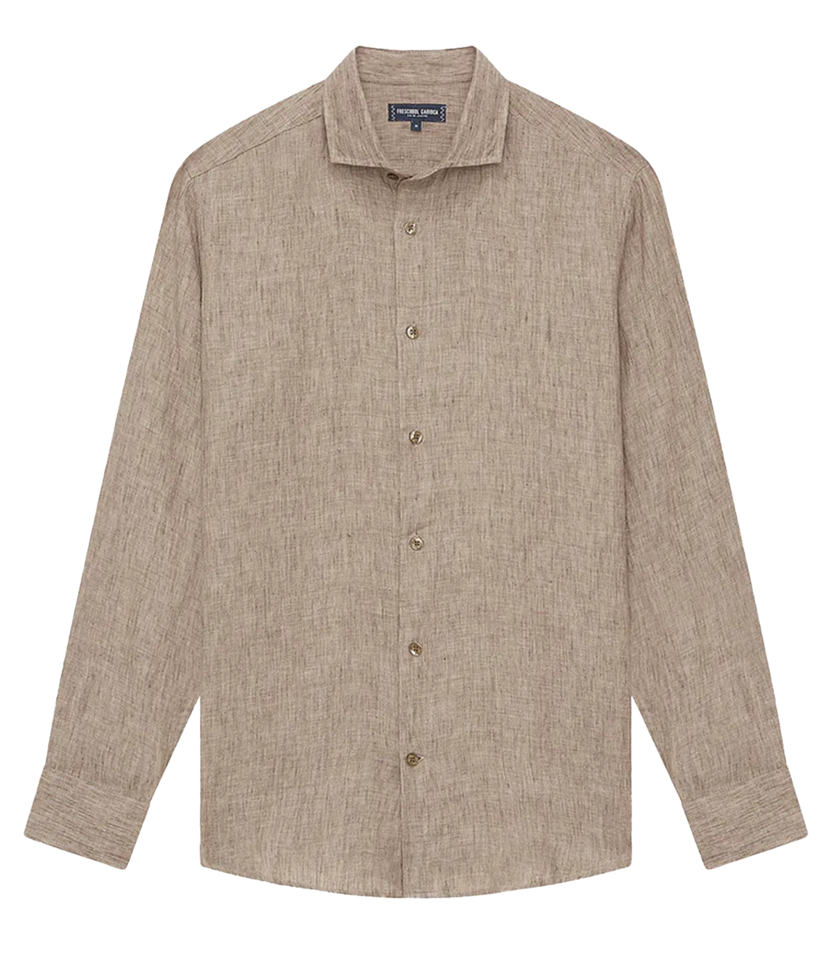 Ghost shot of the Antonio Long Sleeve Linen Shirt by Frescobol Carioca, floating to emphasize its structured dress collar with stiffeners, imitation mother of pearl buttons, and full placket. The lightweight Italian linen construction ensures breathable comfort and elevated style for versatile occasion dressing.