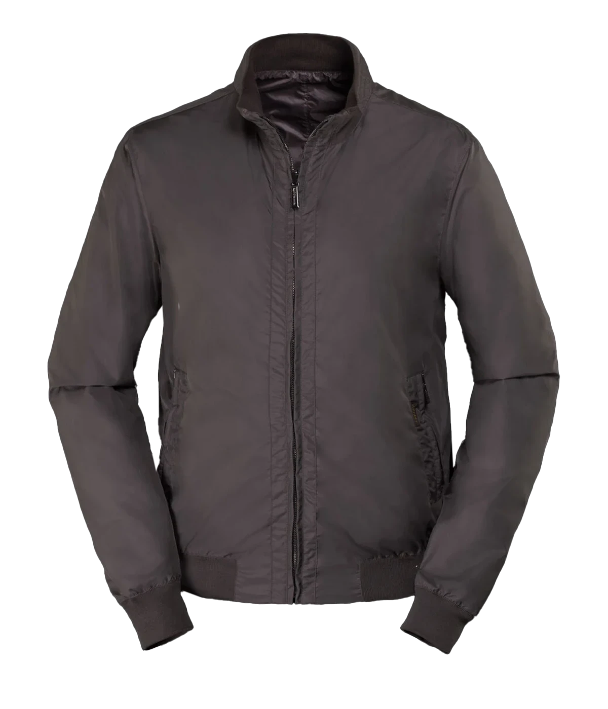 Forest/mud reversible bomber jacket made in Italy, featuring one side in water-repellent sharp memory fabric and the other in iridescent taffeta gabardine. Finished with a knit collar, cuffs, and hem, reversible metal zipper, and zippered side pockets.