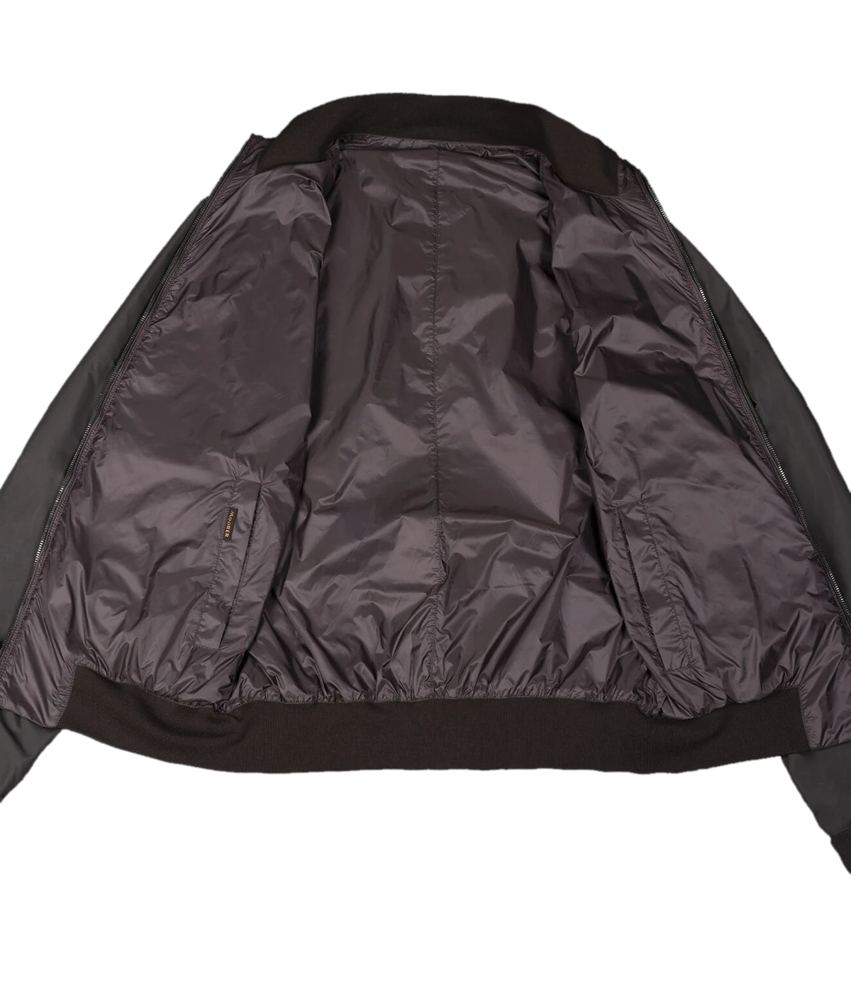 Forest/mud reversible bomber jacket made in Italy, featuring one side in water-repellent sharp memory fabric and the other in iridescent taffeta gabardine. Finished with a knit collar, cuffs, and hem, reversible metal zipper, and zippered side pockets.