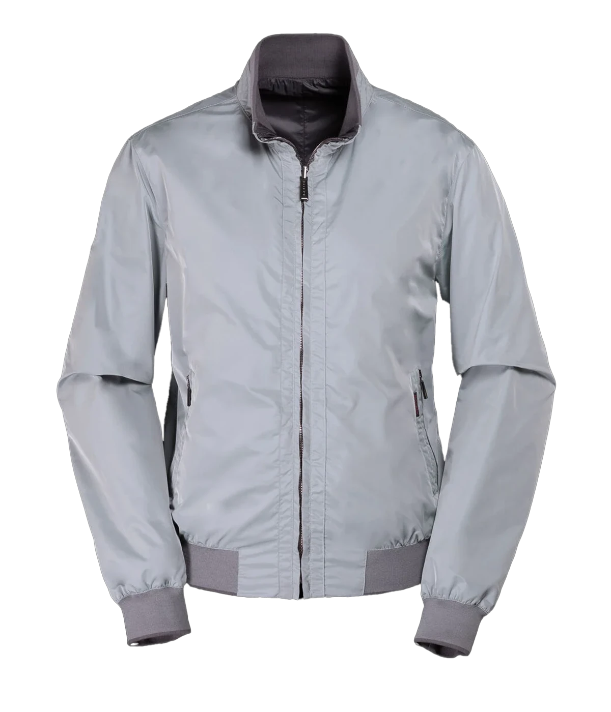 Ice/cloud reversible bomber jacket with zip closure, ribbed collar, cuffs, and hem, plus zip pockets on both sides. Made in Italy.