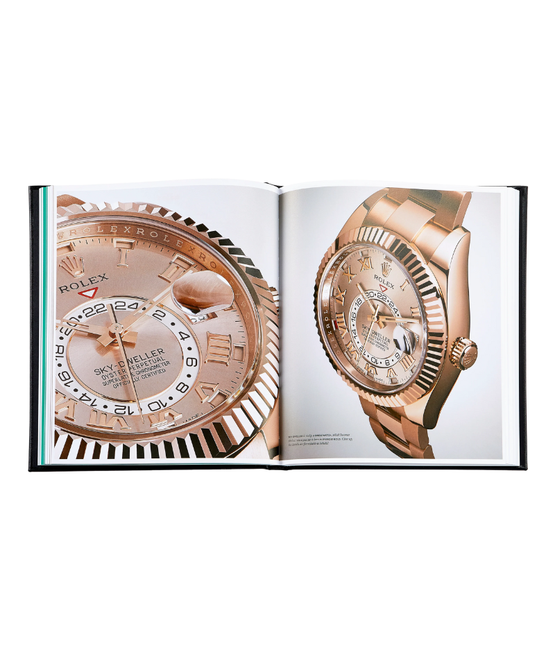 Luxury book on Rolex watches, hand-bound in bonded leather, featuring 200 pages on vintage models, special editions, and expert authentication tips.