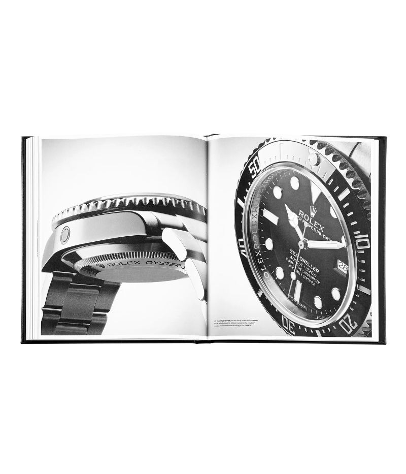 Luxury book on Rolex watches, hand-bound in bonded leather, featuring 200 pages on vintage models, special editions, and expert authentication tips.