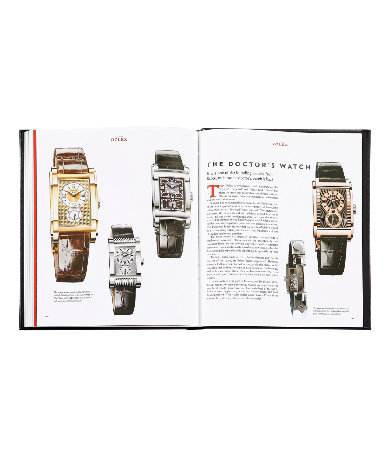 Luxury book on Rolex watches, hand-bound in bonded leather, featuring 200 pages on vintage models, special editions, and expert authentication tips.