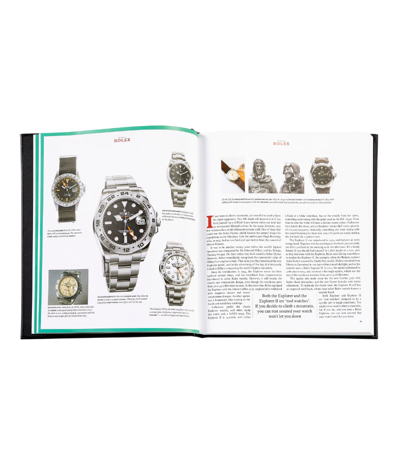 Luxury book on Rolex watches, hand-bound in bonded leather, featuring 200 pages on vintage models, special editions, and expert authentication tips.