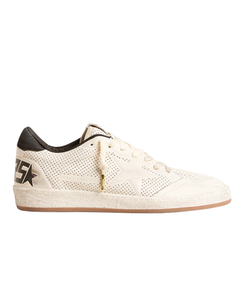 Golden Goose Ball Star Sneaker in White and Black, featuring a perforated white nappa leather upper, white leather star, black nylon heel tab, and vintage finish. Handmade in Italy with a rubber sole and premium leather construction for a retro-inspired, effortlessly cool look.