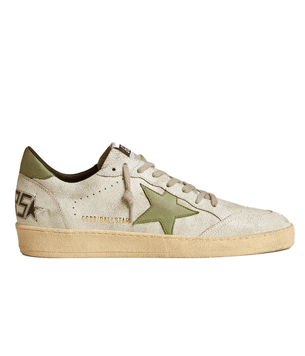 Golden Goose Ball Star Sneaker in White and Green, featuring a clean white leather upper with bold green accents, including the signature star and heel detailing. Crafted for comfort and durability, these sneakers offer a stylish, timeless look for any occasion.