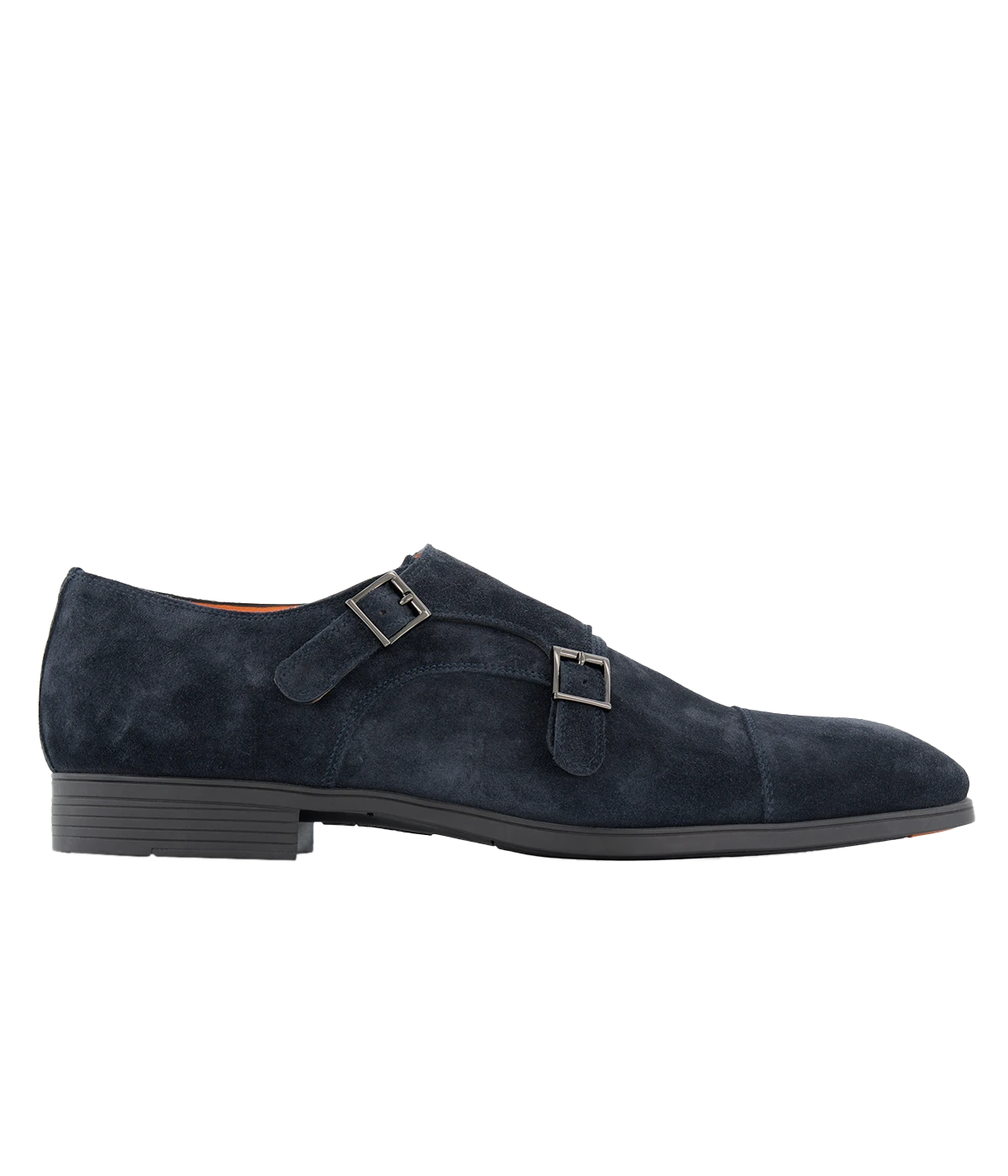 Blue suede Santoni double-buckle shoes with a smooth upper, tapered toe, and rubber sole for a refined yet comfortable finish.