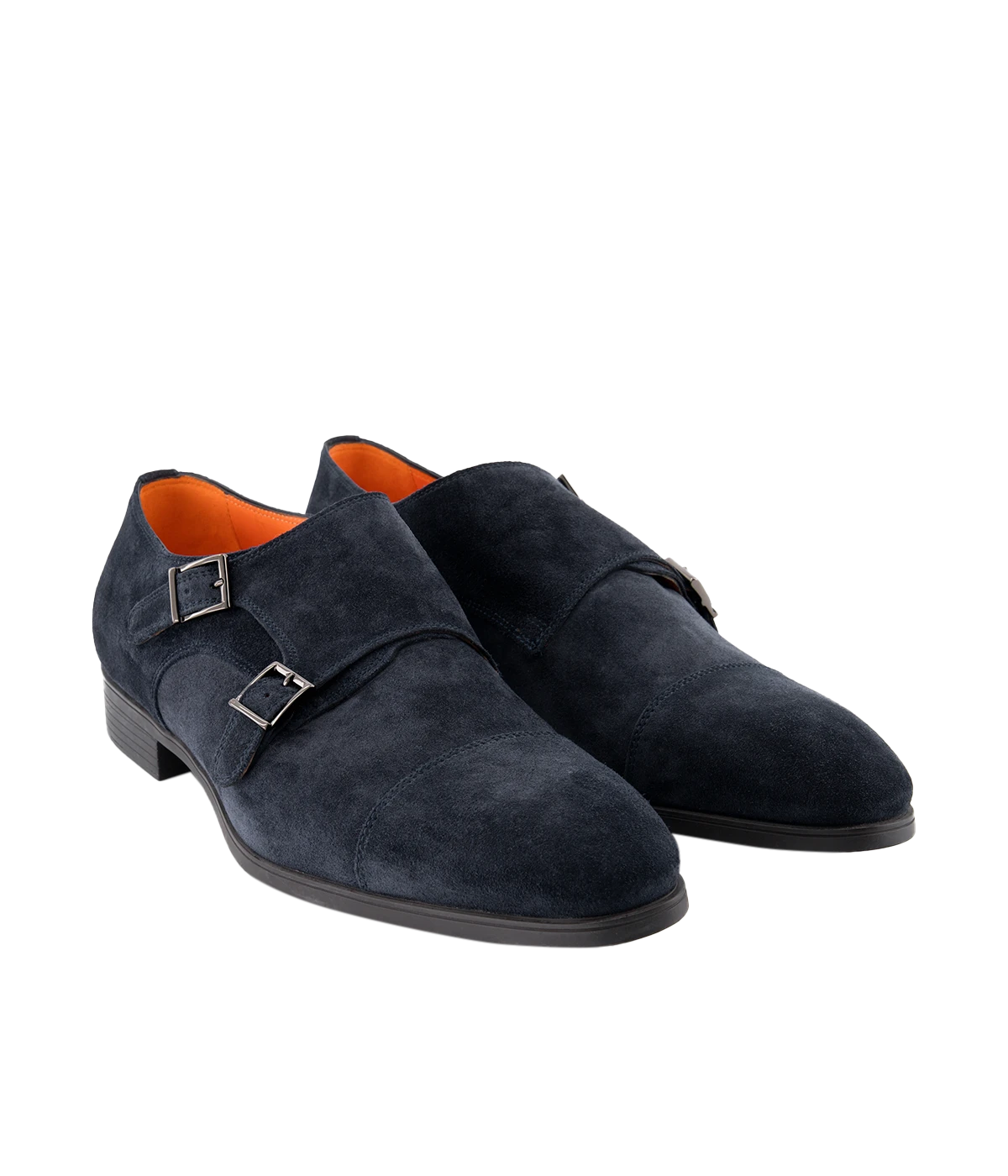 Blue suede Santoni double-buckle shoes with a smooth upper, tapered toe, and rubber sole for a refined yet comfortable finish.