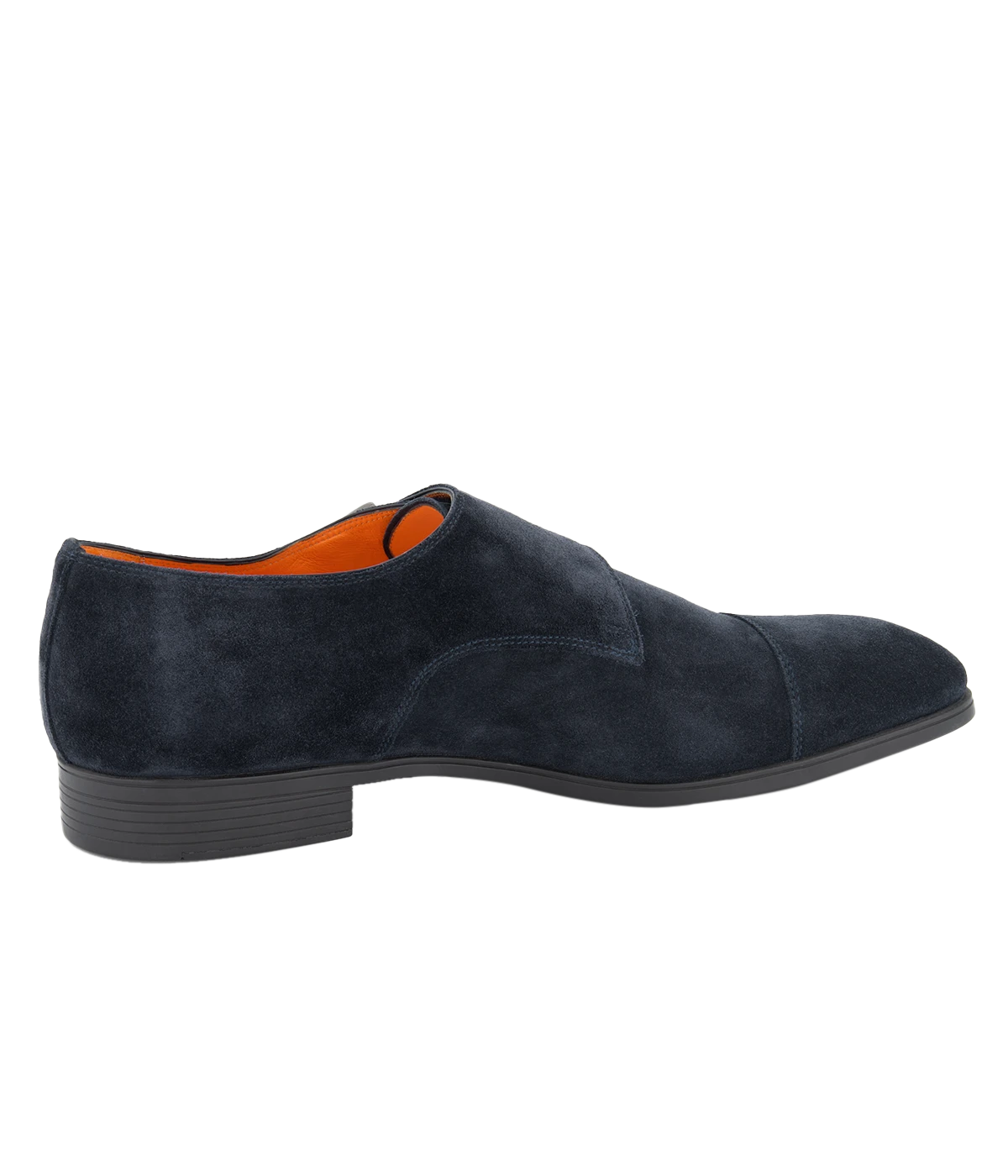 Blue suede Santoni double-buckle shoes with a smooth upper, tapered toe, and rubber sole for a refined yet comfortable finish.