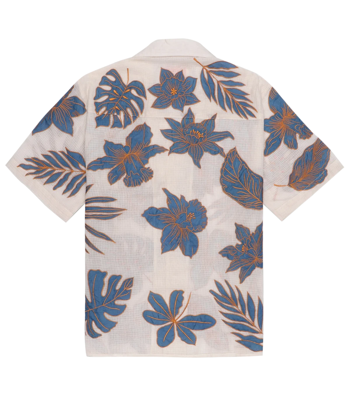 Perte D’ego Blue Floral Appliqué Shirt made from sheer, lightweight cotton mesh, featuring hand-embroidered floral appliqué detailing on the front. Relaxed fit, short sleeves, and a breezy design, perfect for beachside styling or warm-weather occasions.