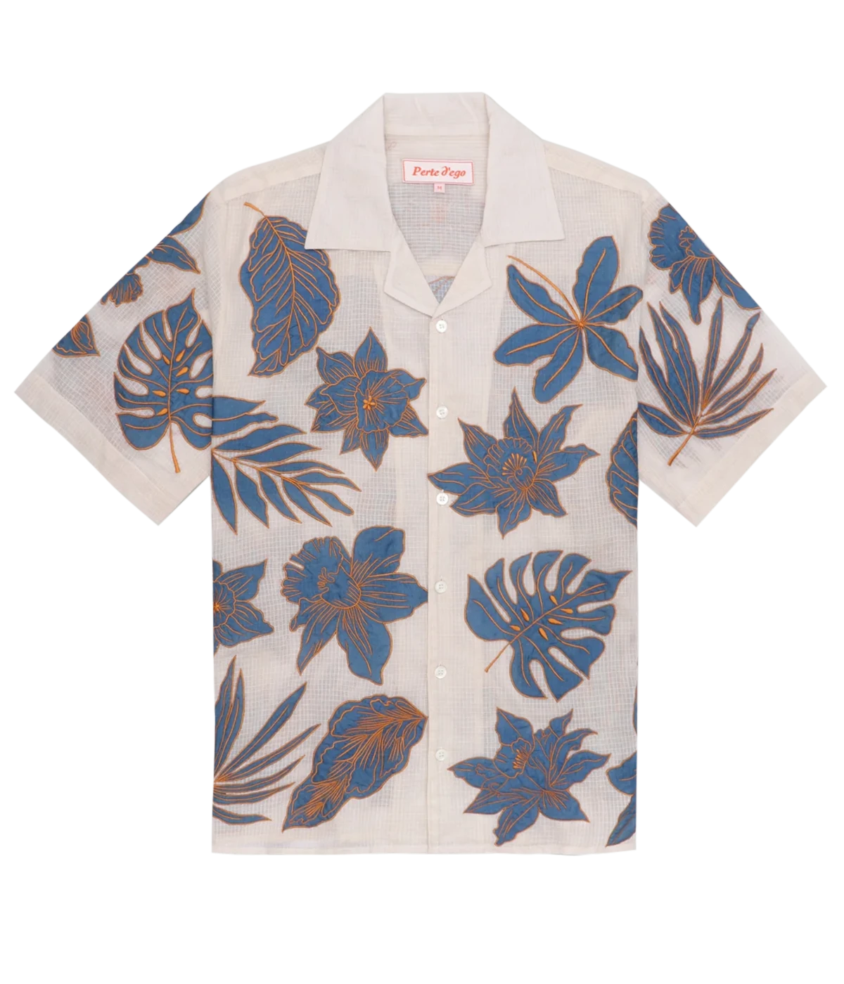 Perte D’ego Blue Floral Appliqué Shirt made from sheer, lightweight cotton mesh, featuring hand-embroidered floral appliqué detailing on the front. Relaxed fit, short sleeves, and a breezy design, perfect for beachside styling or warm-weather occasions.