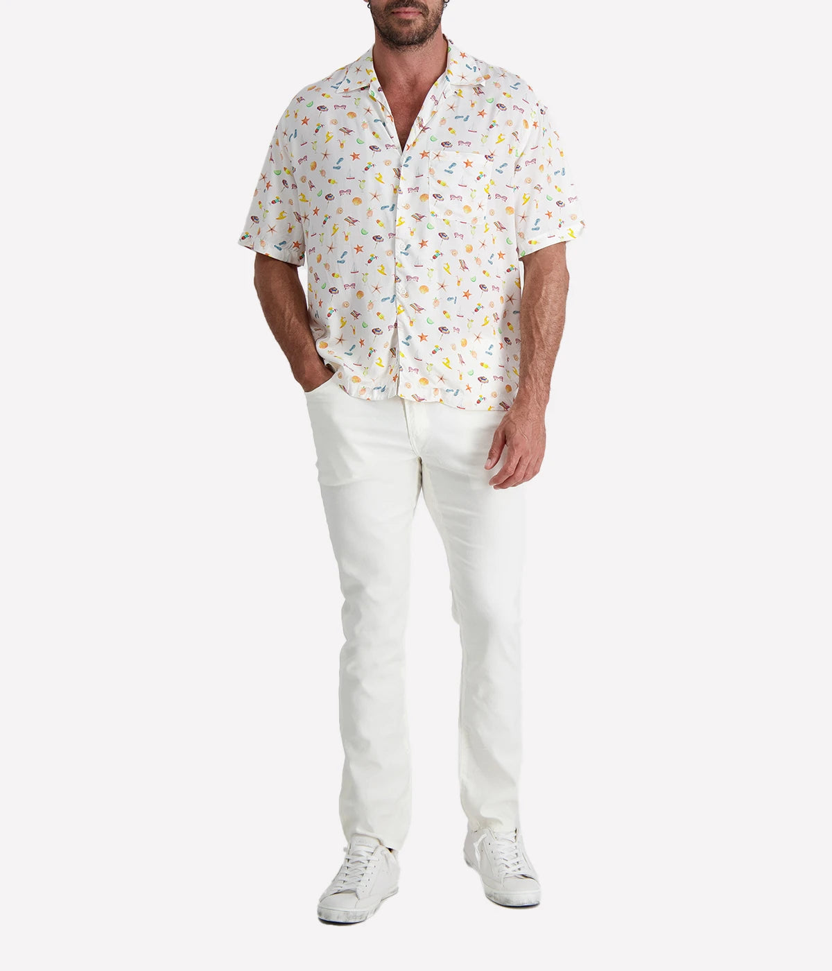 Ingram Short Sleeve Button-Up Bowling Shirt in White with beach icons like beach chairs, starfish, umbrellas, limes, cocktails, and thongs, made from breathable cotton. A fun and relaxed addition to your summer wardrobe.