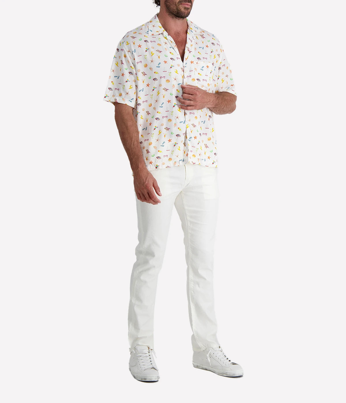 Ingram Short Sleeve Button-Up Bowling Shirt in White with beach icons like beach chairs, starfish, umbrellas, limes, cocktails, and thongs, made from breathable cotton. A fun and relaxed addition to your summer wardrobe.