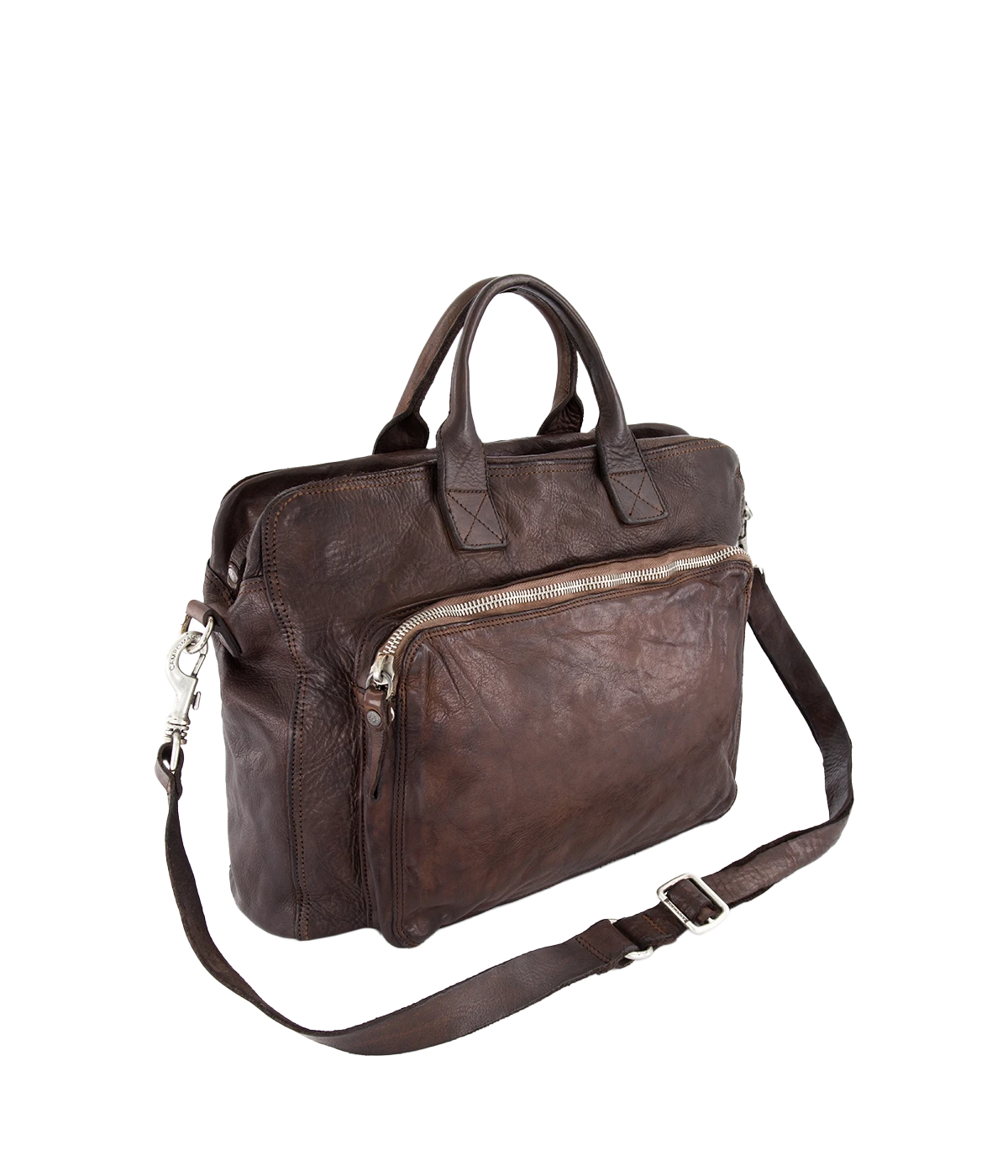 The Campomaggi Leather Briefcase in brown showcases full-grain Italian leather with a vintage-inspired, hand-dyed patina. Designed with top handles, a detachable shoulder strap, and ample storage, it’s a refined yet rugged essential for the modern professional.