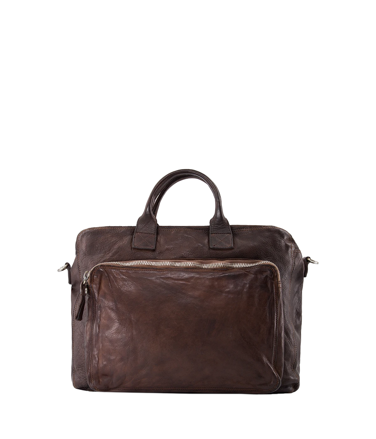 The Campomaggi Leather Briefcase in brown showcases full-grain Italian leather with a vintage-inspired, hand-dyed patina. Designed with top handles, a detachable shoulder strap, and ample storage, it’s a refined yet rugged essential for the modern professional.