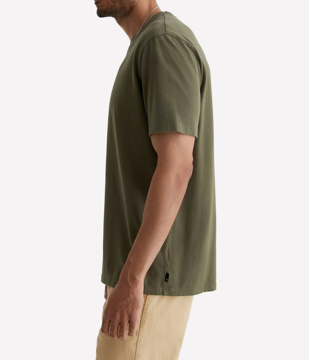 Side profile of the AG Bryce Crew Neck T-Shirt showcasing its clean lines, short sleeves, and smooth 100% cotton fabric for everyday comfort.