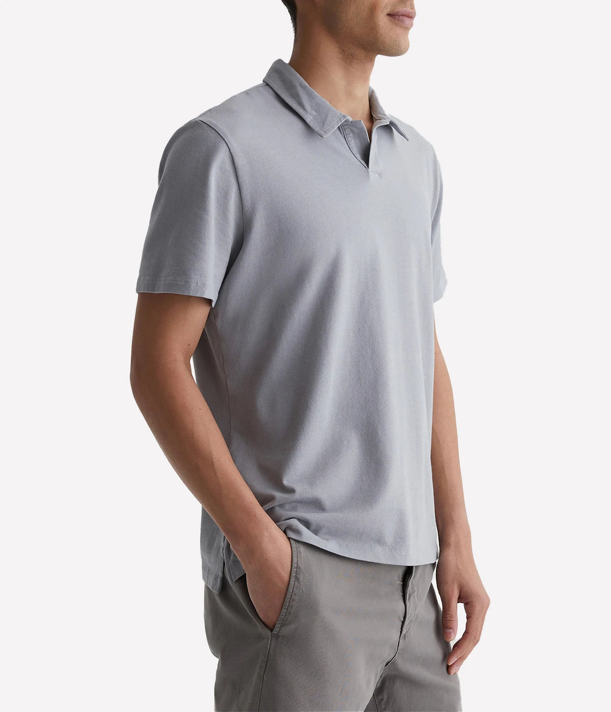 Side profile of the Bryce Johnny Collar polo shirt, showcasing the relaxed fit and smooth finish of the lightweight cotton jersey.