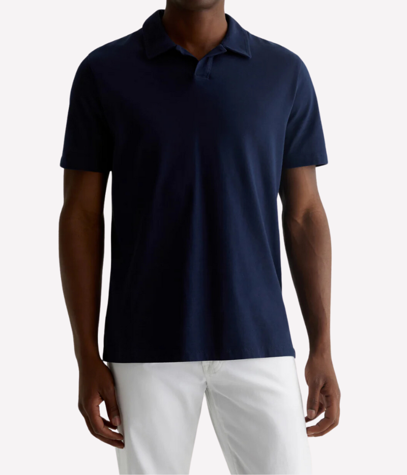 The Bryce Johnny Collar polo shirt, featuring a relaxed neckline with a pointed collar and short sleeves, crafted from lightweight cotton jersey.