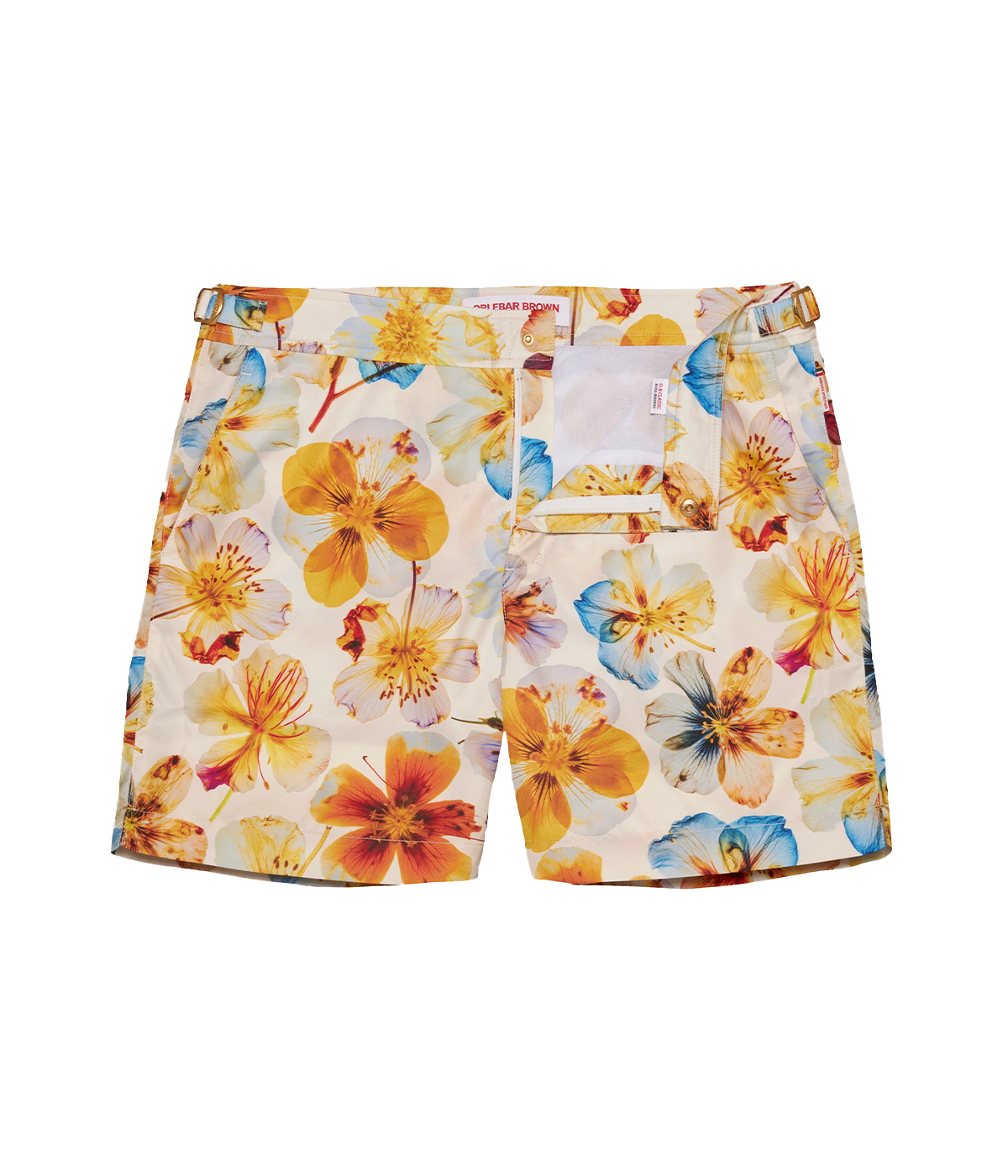 Orlebar Brown Bulldog Swim Shorts in ‘Imagination Flowers’ print, featuring vibrant multicoloured flowers and elegant gold-tone side fasteners for a striking, elevated look.