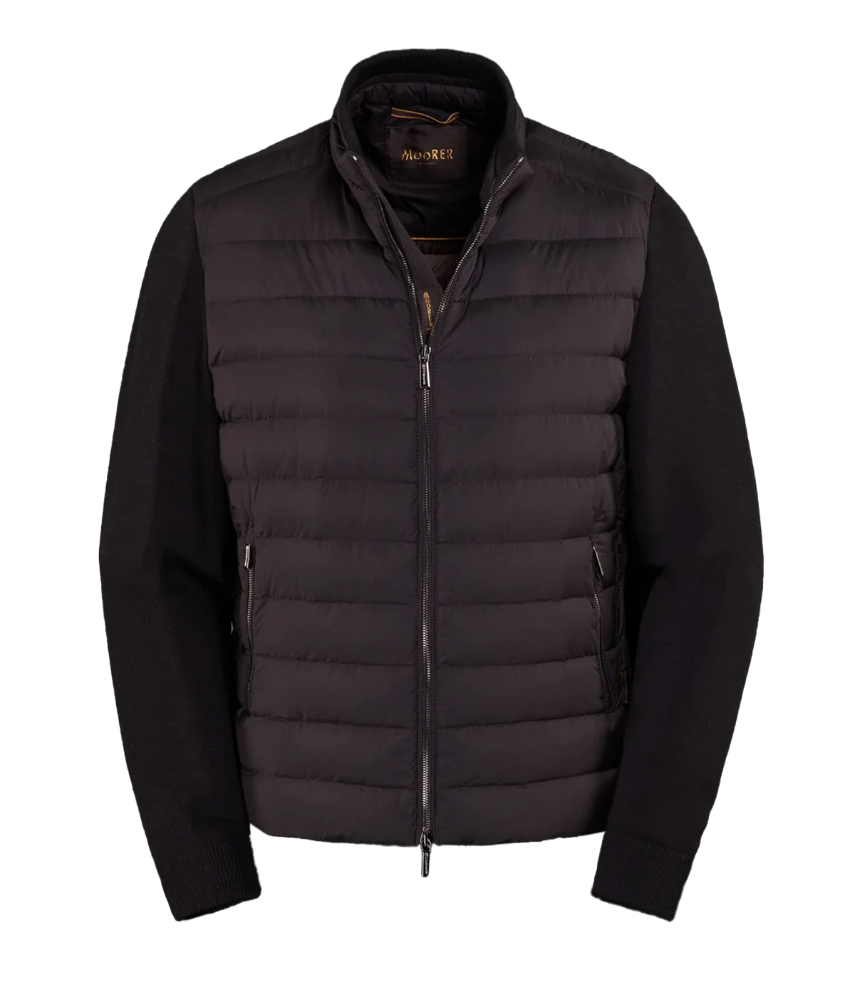 Cattaneo Jacket in a sleek, lightweight design, featuring quilted goose down padding, a ribbed collar, rib-knit lined sleeves, and a two-way metal zip closure. Crafted from water-repellent fabric with cotton knit panels, finished with vertical zip side pockets and internal document pockets. Made in Italy.