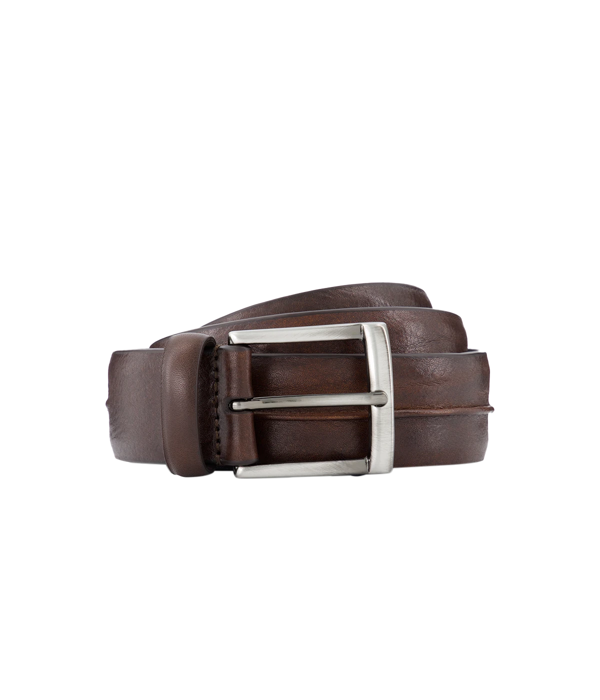 Brown leather belt with creased stitch detailing, offering a sleek and stylish finish for both casual and formal looks.