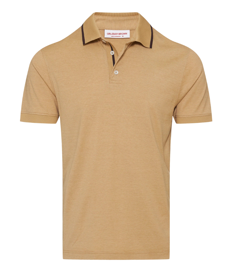 Dominic polo shirt in Biscuit Beige with ribbed collar and cuffs, featuring seasonal stripe tipping for a stylish, classic fit.