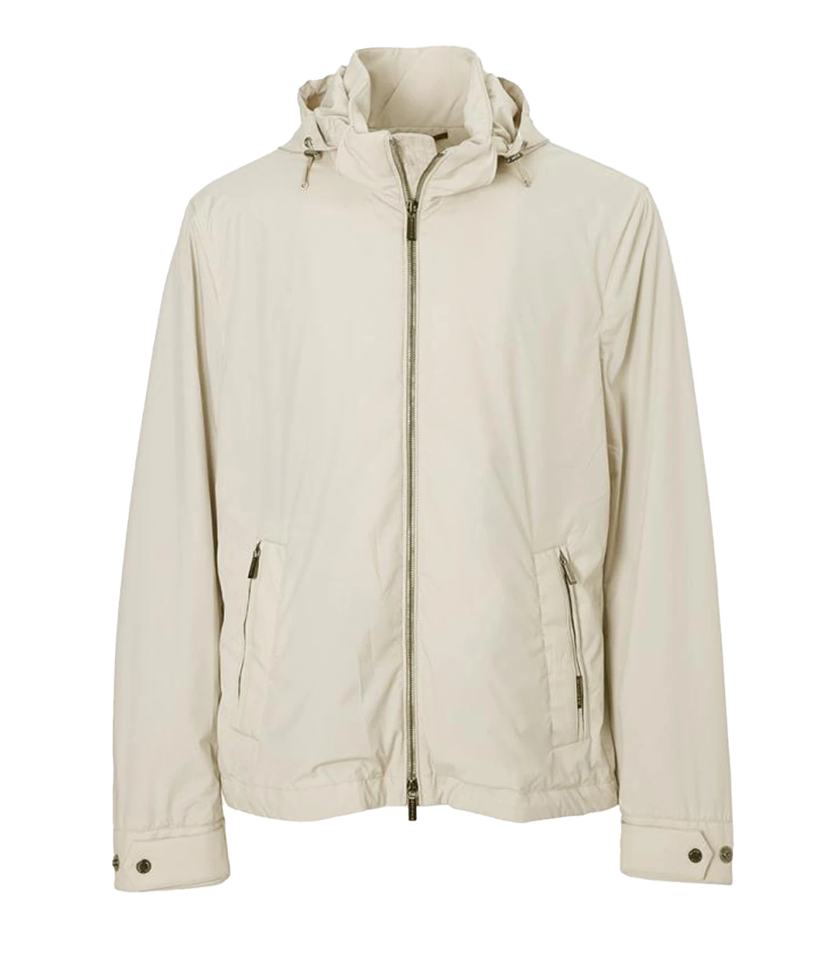 Duccio Jacket in Marmo by MooRER, a water-repellent stretch anorak with a detachable hood, double-zip front, dual-entry side pockets, adjustable cuffs, and a drawstring hem. Lined with mélange jersey. Made in Italy.