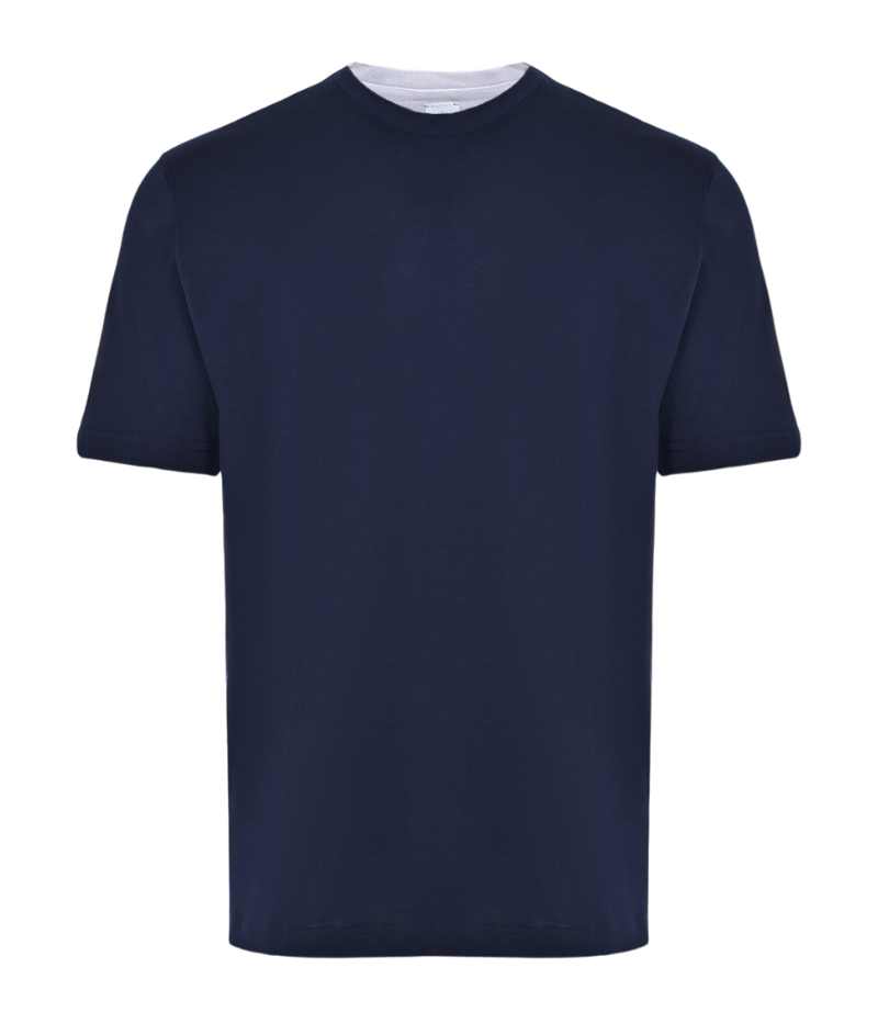 Eleventy midnight blue cotton T-shirt with a jersey texture, featuring layered details, short sleeves, round neckline, and straight hem for a refined casual look.