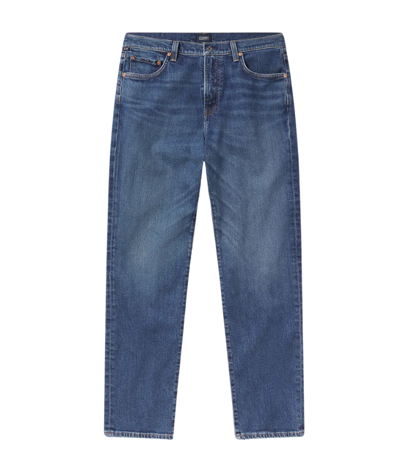 Citizens of Humanity Elijah Jean in bright medium indigo with whiskering and fading. This relaxed, straight-leg denim offers a comfortable fit through the hip and leg, crafted from signature comfort stretch heavyweight denim for all-day wear.