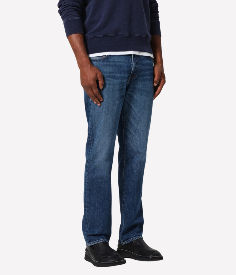 Citizens of Humanity Elijah Jean in bright medium indigo with whiskering and fading. This relaxed, straight-leg denim offers a comfortable fit through the hip and leg, crafted from signature comfort stretch heavyweight denim for all-day wear.