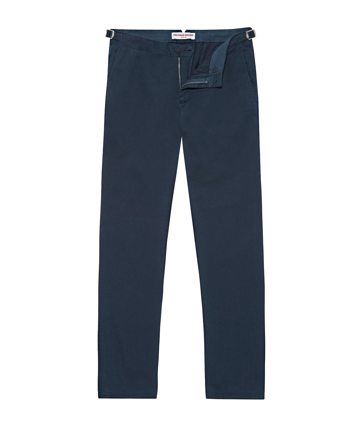 Fallon Dark Navy trousers with tailored fit, adjustable side fasteners, and multiple pockets. Made from stretch-cotton twill for comfort and versatility, perfect for both casual and dressy looks.