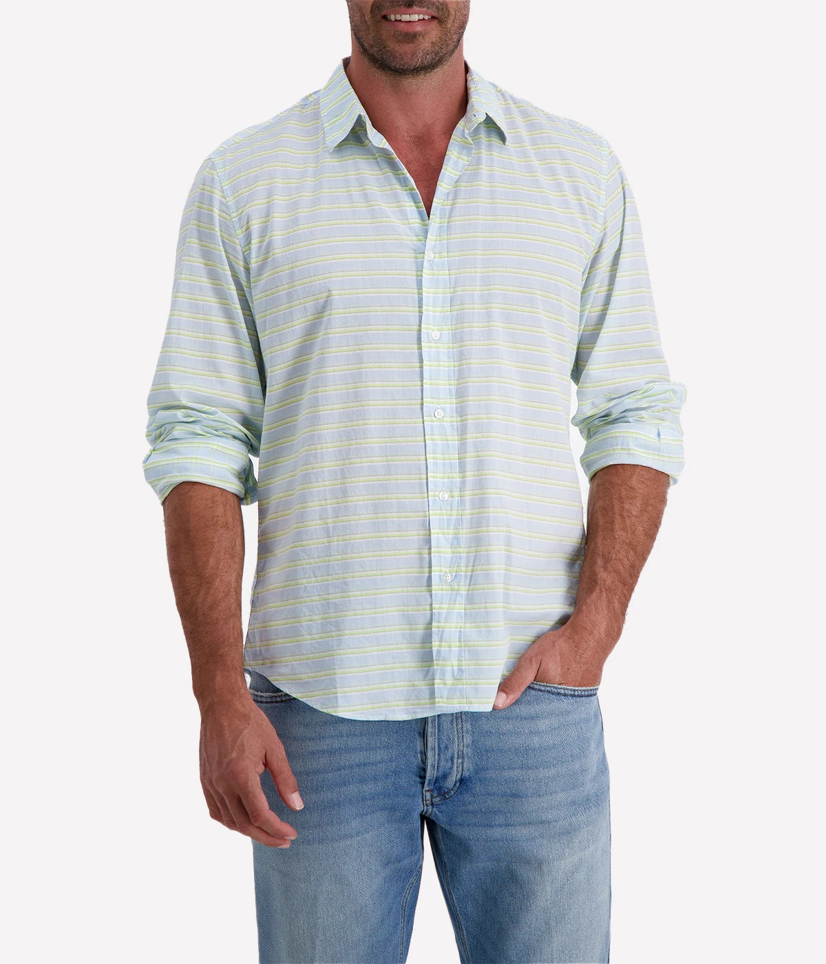 Men’s striped button-up shirt in blue and chartreuse by Frank & Eileen, featuring a relaxed fit, long sleeves, and a lightweight cotton fabric.