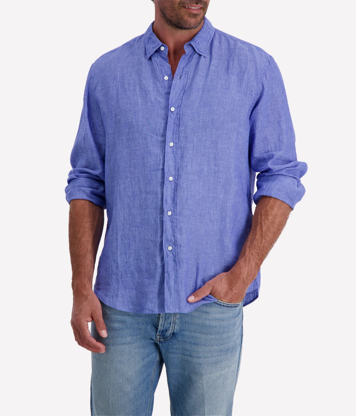 Men’s classic blue linen button-up shirt by Frank & Eileen, featuring a relaxed fit, long sleeves, and lightweight, breathable fabric.